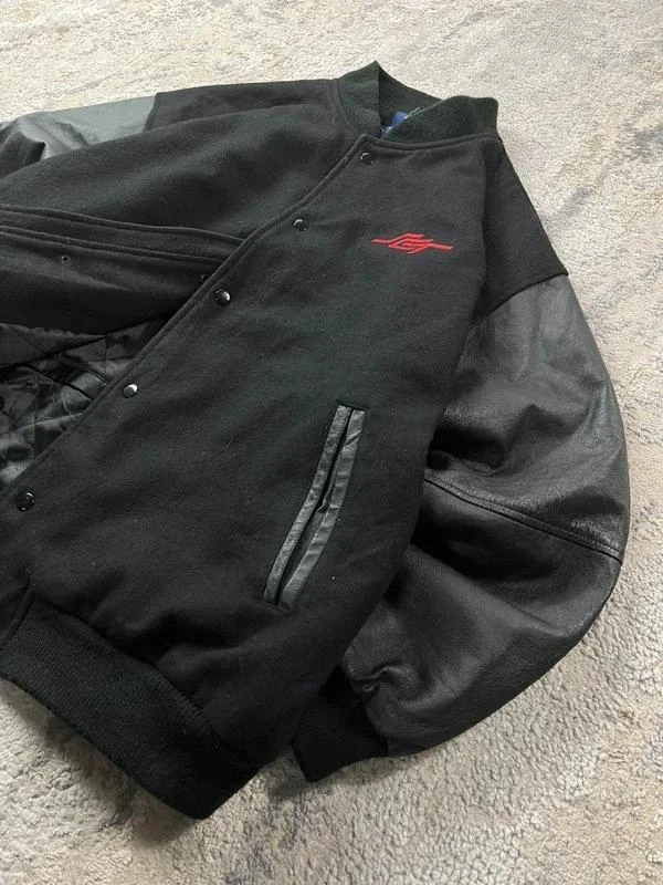 Vintage Men's Embroidered Black Red Varsity Leather Sleeves Bomber Wool Jacket Si – photo 2